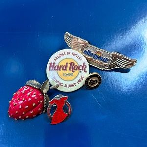 Vintage pins. Strawberry enamel, HardRock Cafe, Beta, Pilot Wings, Red Dress.